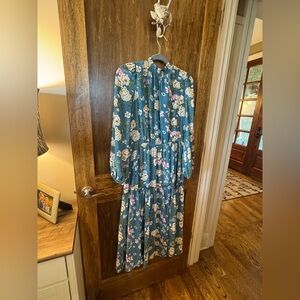 Teal Floral Ruffle Neck Dress